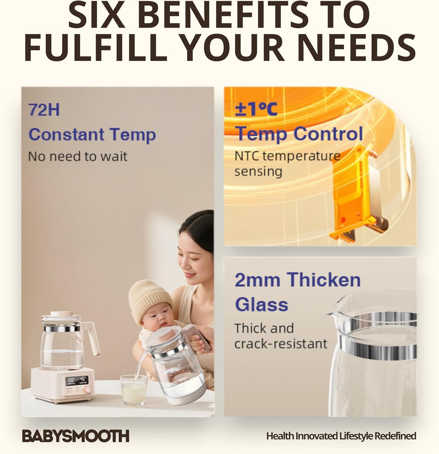 Babysmooth Smart Kettle Pro Electric Glass Kettle, 1.3L Capacity, Digital LED Display, Temperature Control 40-100°C, Auto Keep Warm Function, Silent Operation, Beige, for Tea and Coffee Brewing