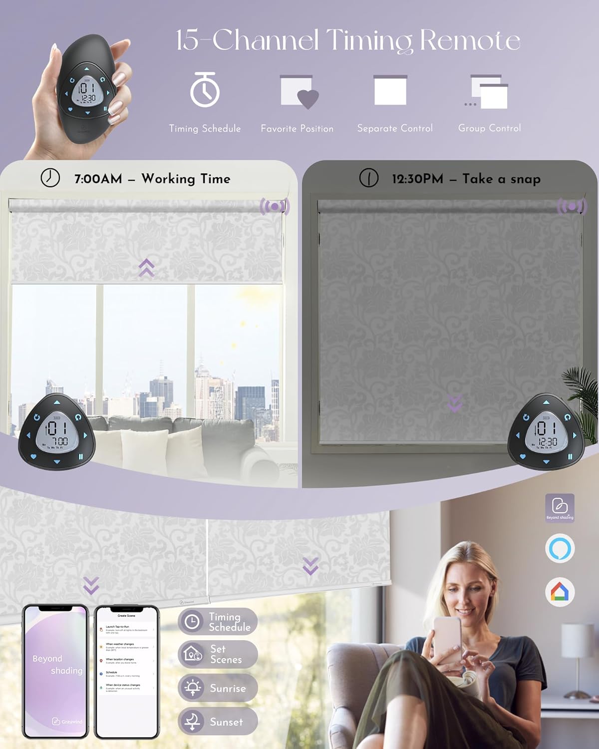 Graywind Smart Blackout Roller Shades Work with Alexa Google Patterned Textured Fabric Rechargeable Motorized Blinds Cordless Remote Control Window Shades, Custom Size (Floral Jacquard White)