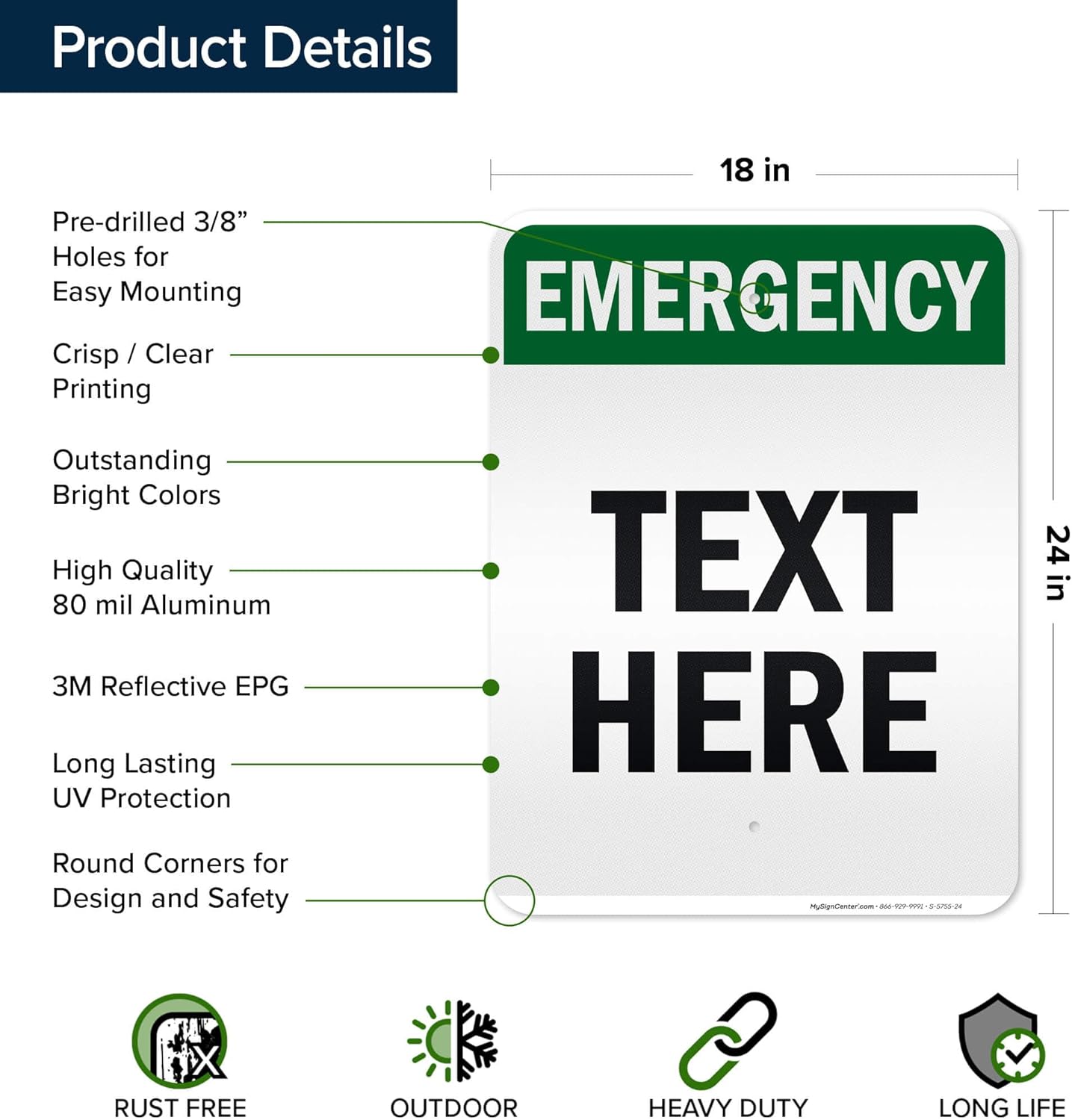 Custom Emergency Sign, OSHA Sign, 18x24 Inches, 3M EGP Reflective, Rust Free .080 Aluminum, Fade Resistant, Made in USA by My Sign Center