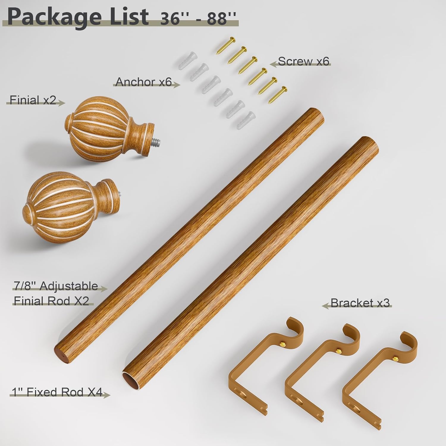 Wood Curtain Rods for Windows 48 to 84 Inch, 1'' Adjustable Heavy Duty Curtain Rod，Vintage Imitation Wood Grain Decorative Drapery Rods with Pumpkin Finials for Bedroom Living Room
