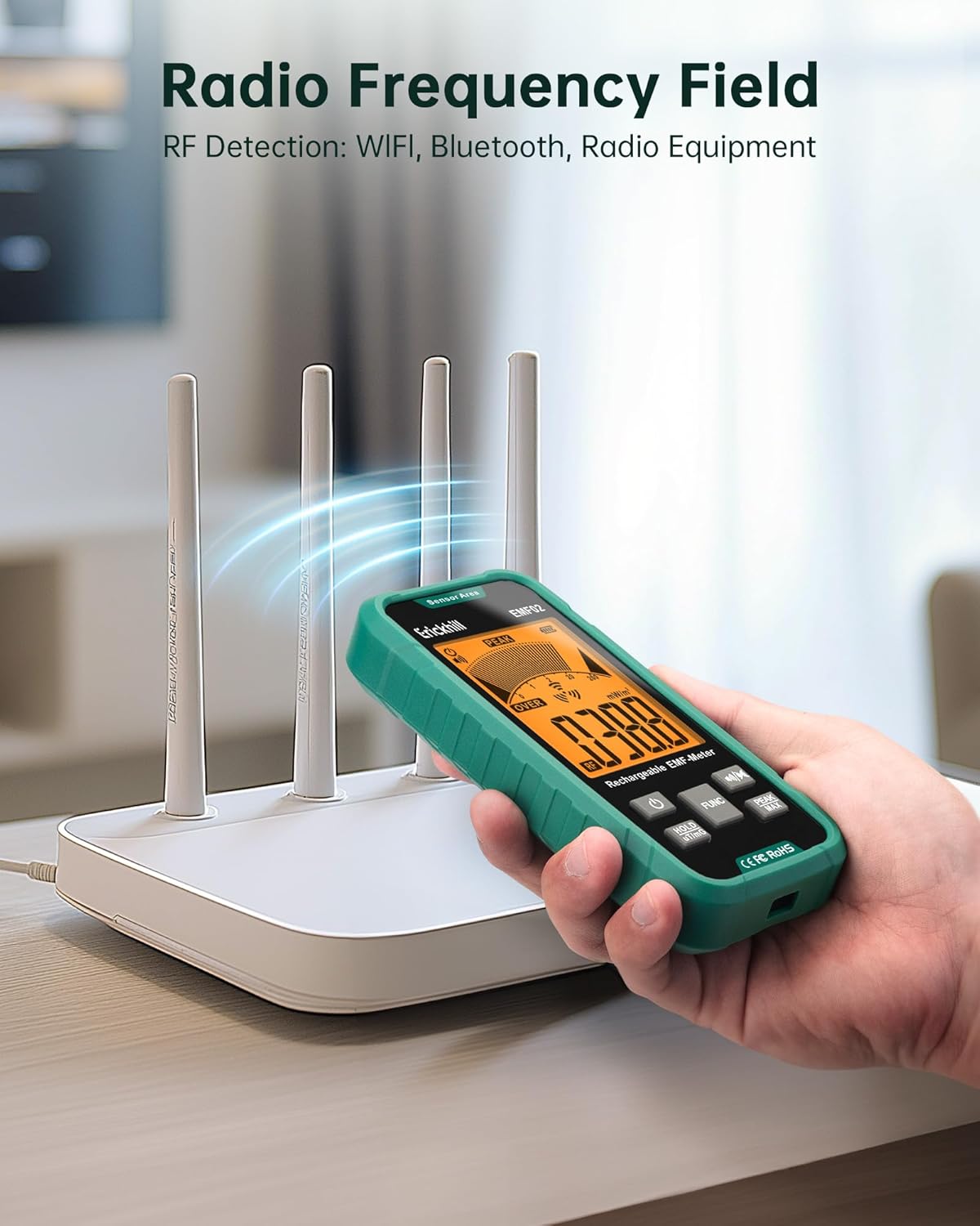 ERICKHILL EMF Detector, 3‑in‑1 Portable EMF Meter and Radiation Detector for RF, EF, MF, & WiFi Signal– EMF Reader with 3-Color Sound‑Light Alarm, Rechargeable Battery for Home, Office & Ghost Hunting