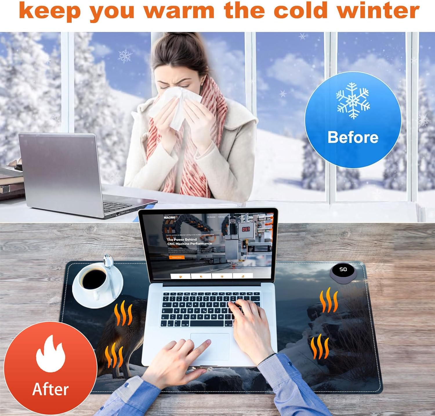 Small Heated Desk Pad 23.6" x 14.2" – Compact Electric Mouse Pad with 3 Heating Levels, Auto Shut-Off, Waterproof PU Surface, Plug-in Warmer for Office or Home Use, Lone Wolf