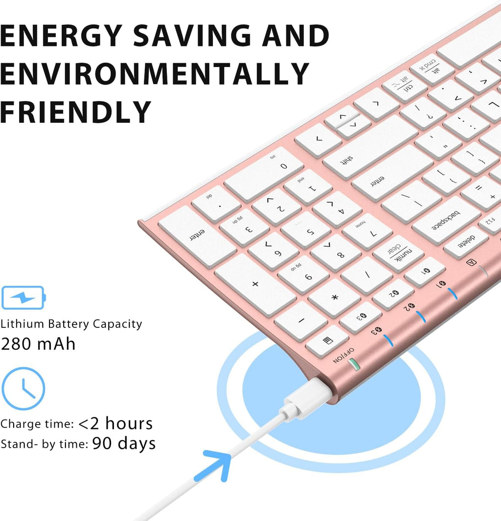 iClever BK10 Bluetooth Keyboard, Wireless Rechargeable Ultra-Slim Keyboard with Long Battery Life, Compatible with iOS, Android, Windows, Mac for iPad, Tablet, Laptop, PC, Phone (Rose Gold)