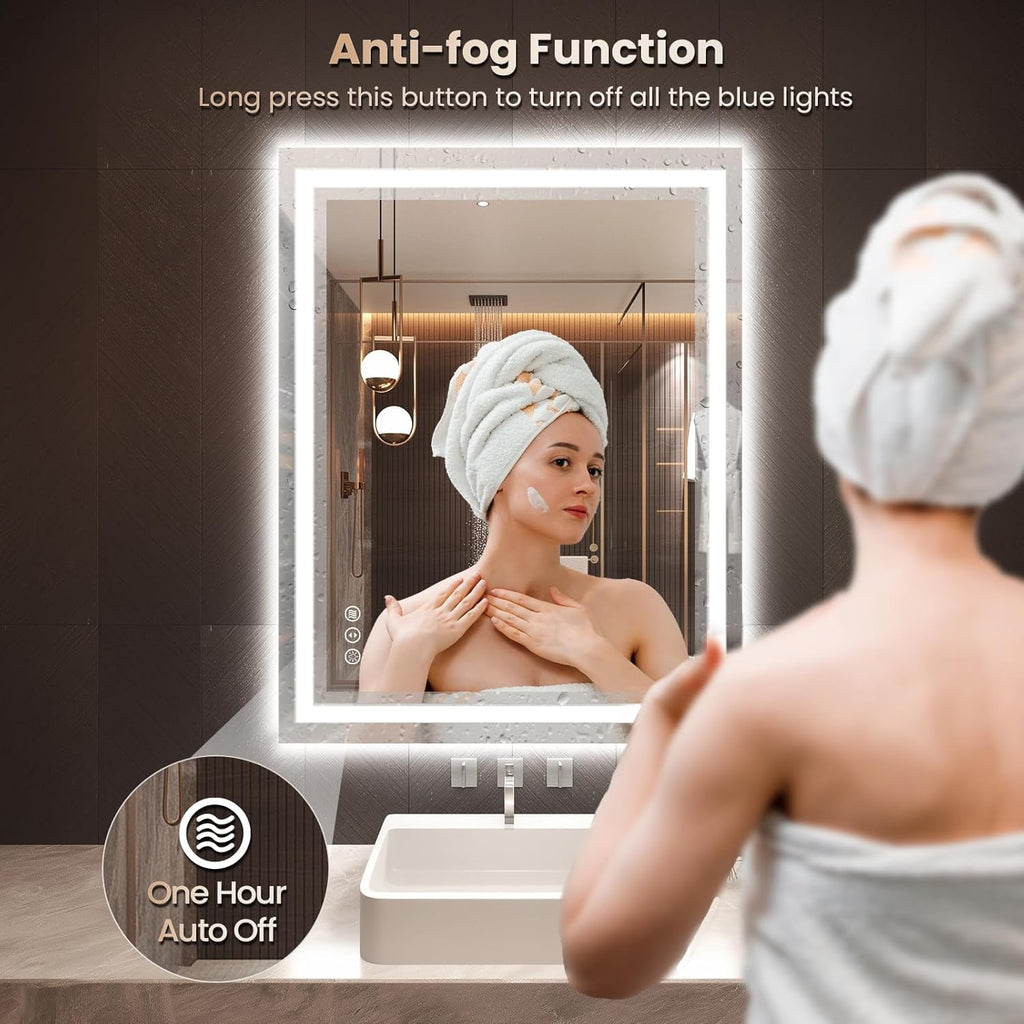 28"X36" LED Bathroom Mirror with Front Lights and Backlit, Anti-Fog, Dimmable, Shatter-Proof Tempered Glass, Lighted Bathroom Vanity Mirror for Wall with 3 Colors, Memory Function
