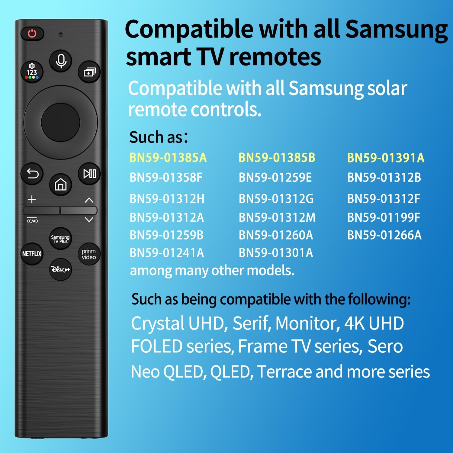 BN59-01385A Solar Voice Remote Control Replacement for Samsung TV Remote with 4 Shortcut Buttons, Compatible with Samsung Smart TVs 4k 8K Ultra HD Neo QLED, The Frame and Crystal UHD Series