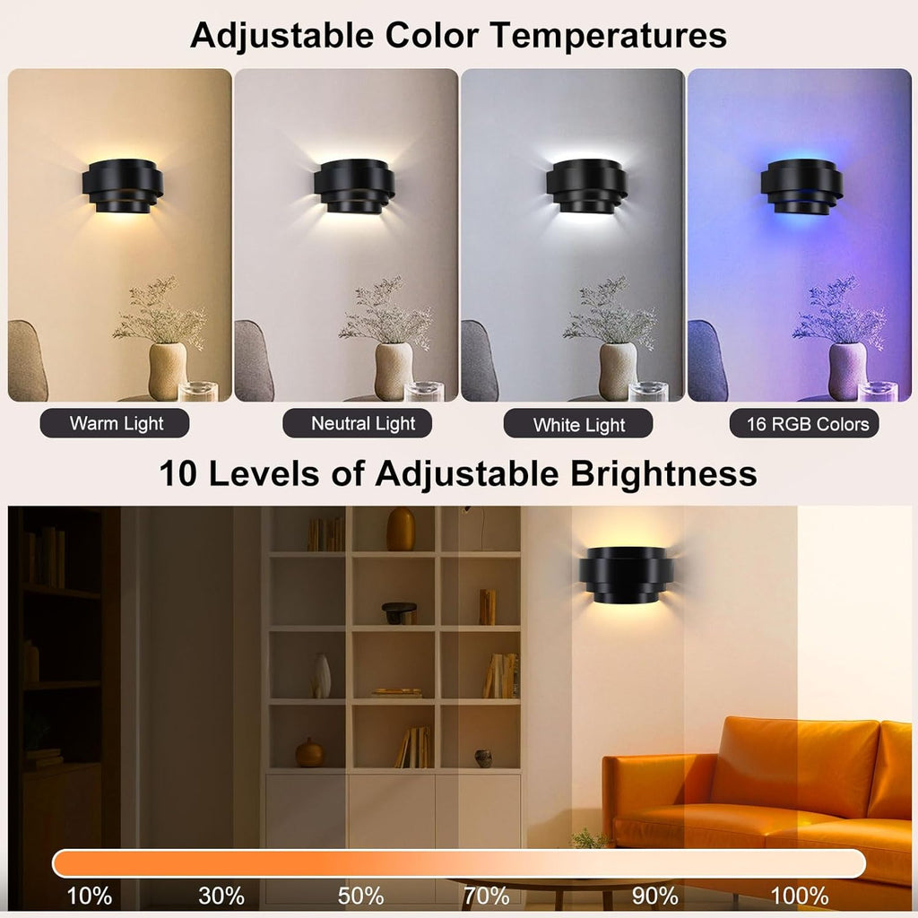 Lightess Rechargeable Wall Sconces with Remote Control, Cordless Wall Light Battery Operated Dimmable, Black Light Fixture for Living Room Bedroom, 16 RGB Colors, Bulb Included