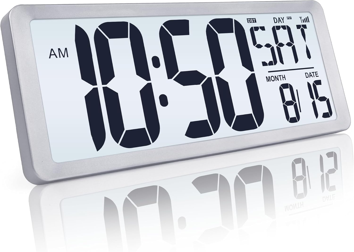 TXL Silver Large Digital Wall Clock with Backlight, 14.2" Battery Operated Alarm Clock with Day, Date & Temperature, Large Wall Clock for Classroom,Bedroom, Livingroom, Office，（Battery Included）