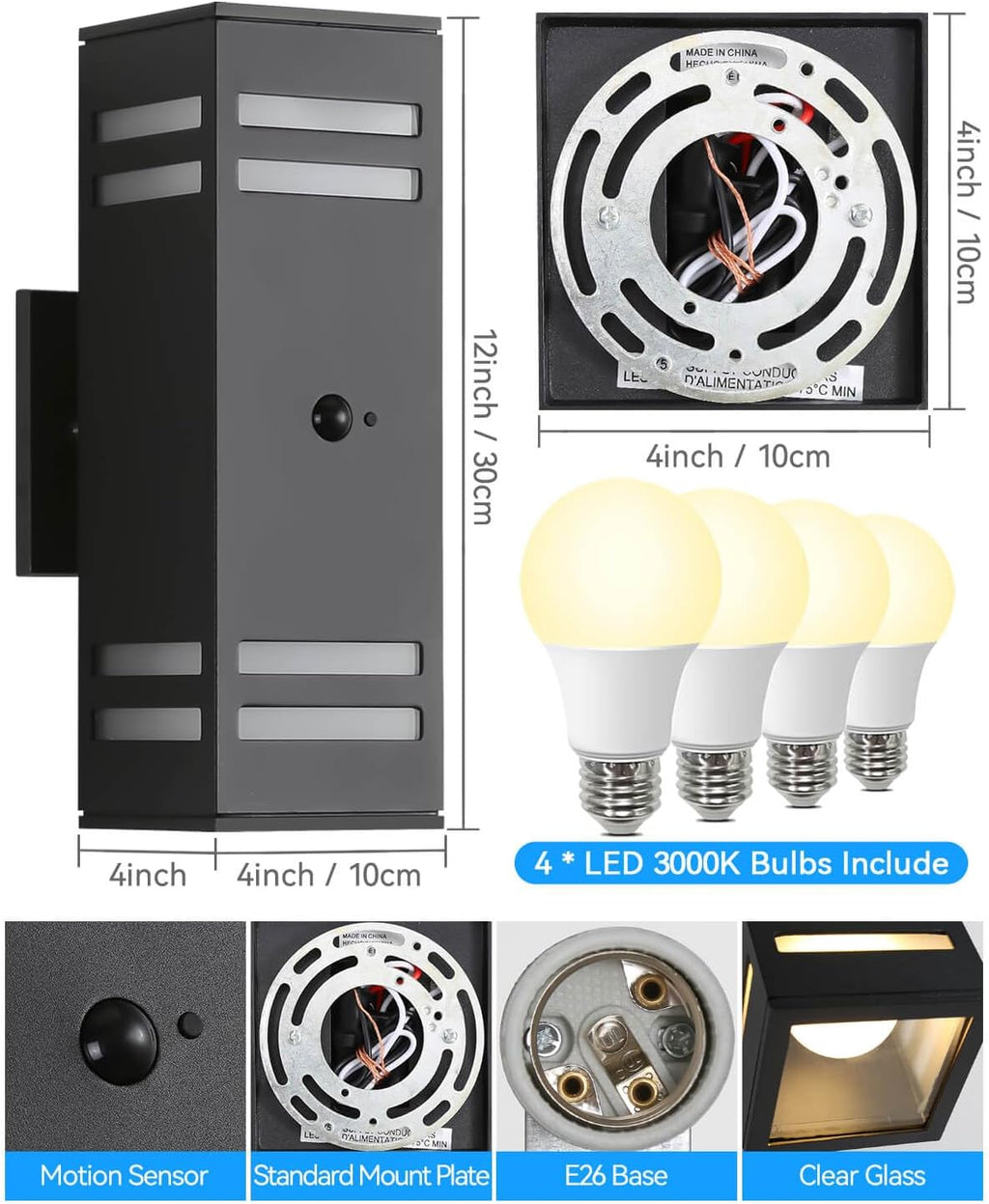 Motion Sensor Outdoor Lights 2 Pack, Modern Outdoor Wall Lights Black Exterior Lighting Fixtures, Square Motion Detector Lights for Outside, Waterproof Sconce for House Porch, Bulbs Included
