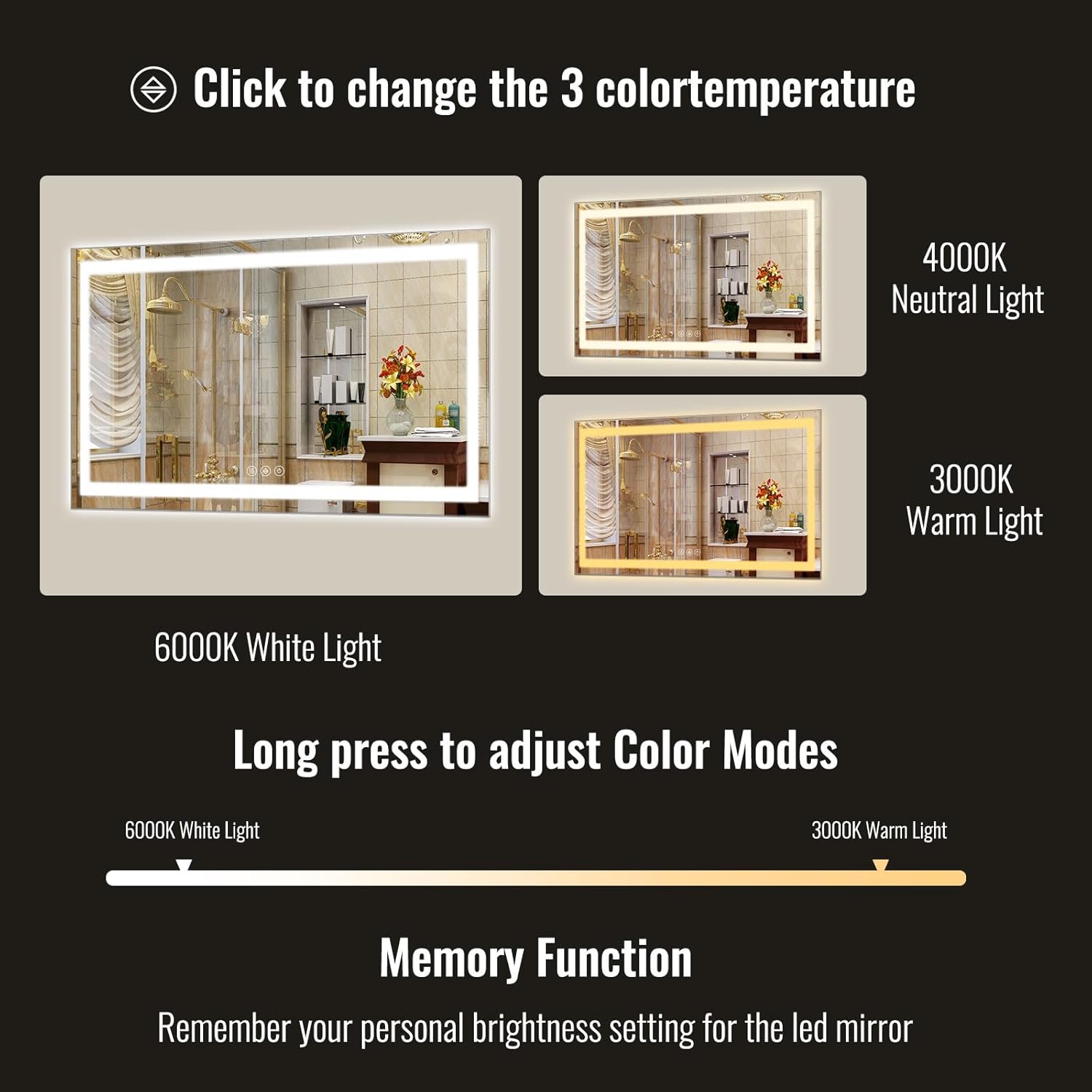26x38 Inch LED Bathroom Mirror with Lights for Wall - Backlit + Front Lit, 3 Color Modes, Anti-Fog, Tempered Glass - Wall Mounted Modern Vanity Mirror