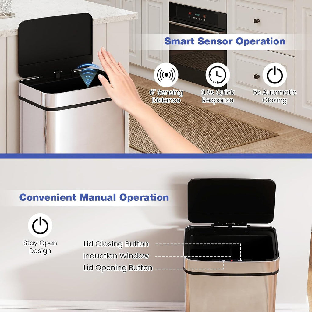 Goplus 16 Gal Automatic Trash Can, Stainless Steel Motion Sensor Trash Can with 2 Compartments, Quick Response & Soft Close Lid, Touchless Compact Garbage Bin for Kitchen, Bedroom, Bathroom and Office