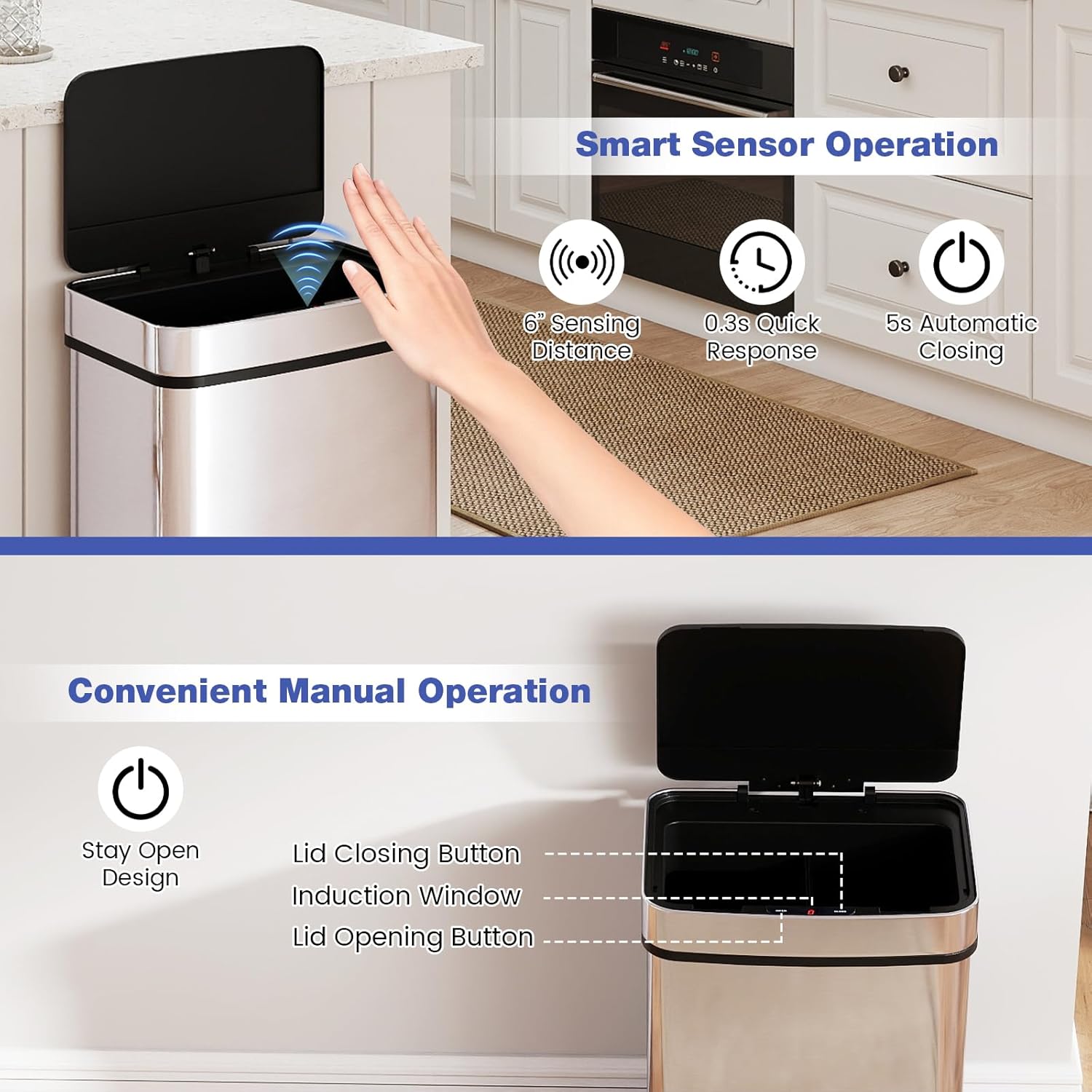Goplus 16 Gal Automatic Trash Can, Stainless Steel Motion Sensor Trash Can with 2 Compartments, Quick Response & Soft Close Lid, Touchless Compact Garbage Bin for Kitchen, Bedroom, Bathroom and Office