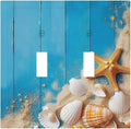 Decorative Switch Plates Blue Wood Grain Beach Shell Starfish 2 Gang Double Toggle Outlet Light Switch Cover Wall Plate Electrical Faceplate for Bathroom Farmhouse Decor