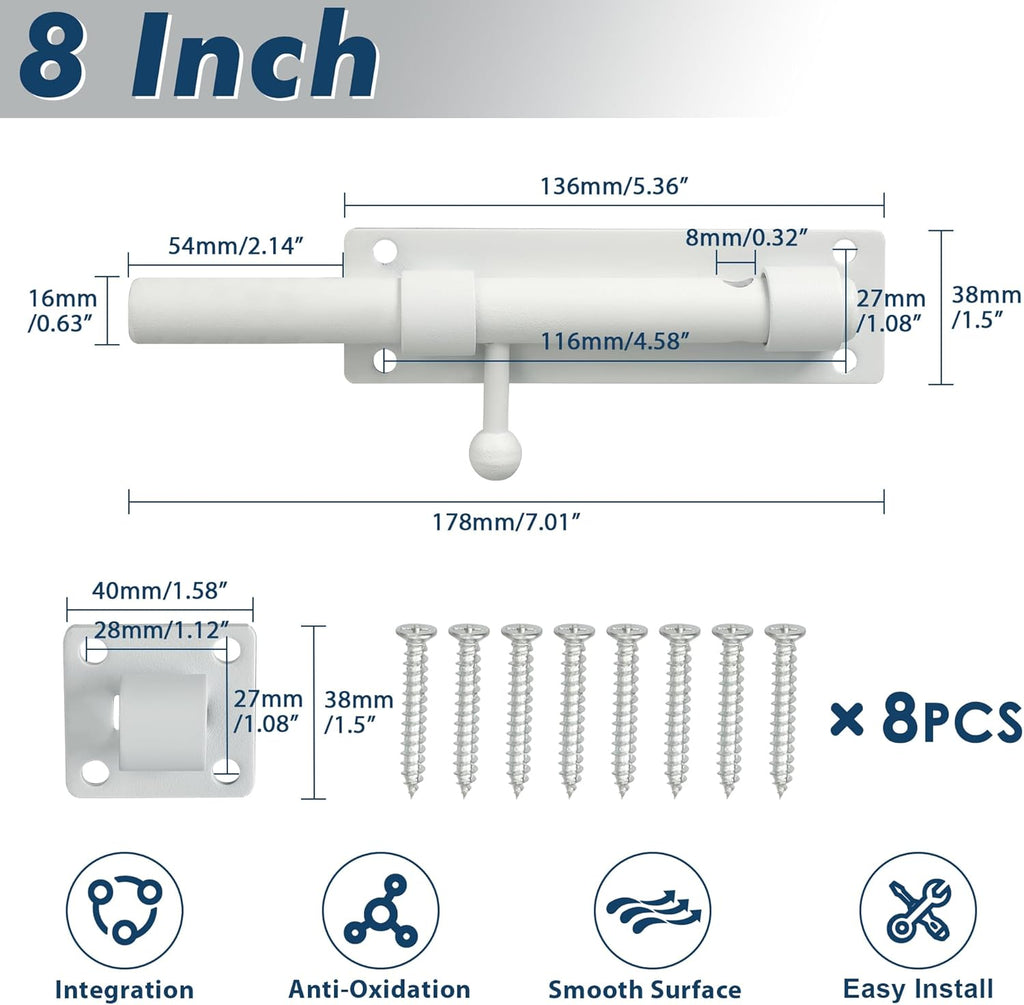 Alise 8 inch Barrel Bolt Latch,Slide Bolt Latch,Heavy Duty Solid SUS304 Stainless Steel Slide Lock for Wooden Fence,Barn Door,Interior or Outdoor Door White