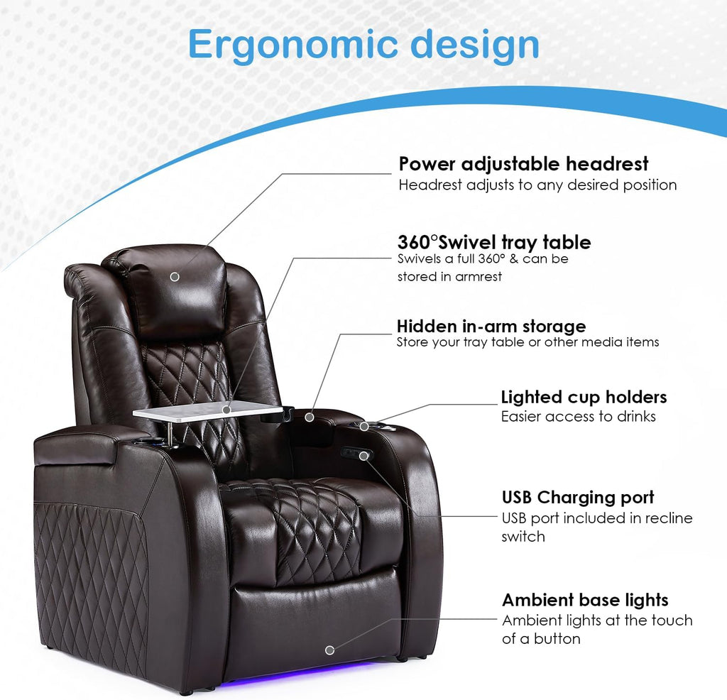 Weilianda Home Theater Seating Top Grain Leather Zero Gravity Recliner Chair Power Headrest Recline Movie Seat Gaming 7 Colors Mood Light Sofa with Tray Table USB Charge Row of 2 Loveseat Brown