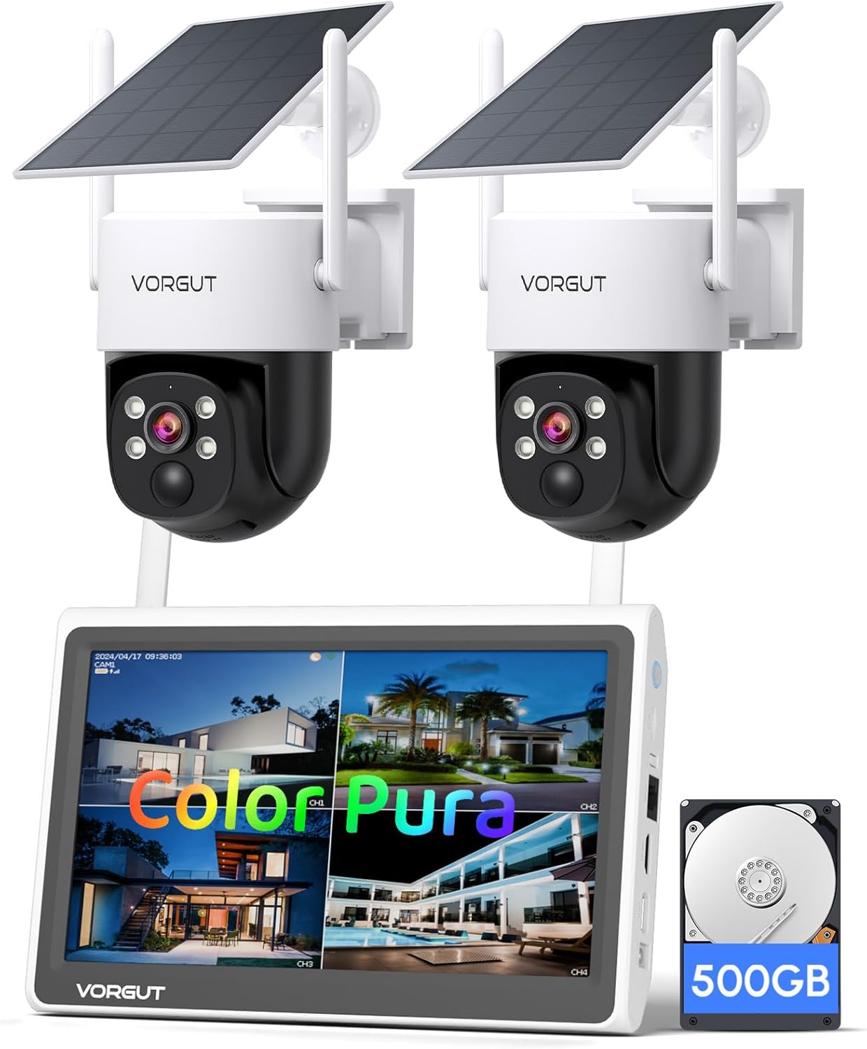 Solar Powered Security Camera System Outdoor with 10" Monitor, 2pcs 2K Wireless Cameras for Home Security, 360° Pan Tilt, True Color Night Vision, 2.4G/5G WiFi, 10CH NVR, 500GB HDD
