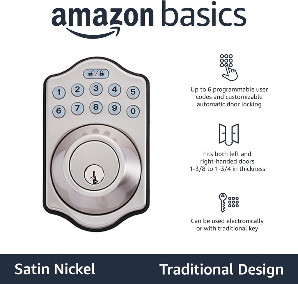 Amazon Basics Electronic Keypad Deadbolt Door Lock with Touch-Control Keyless Entry Door Lock, Keyed Entry Option, Traditional, Satin Nickel, 6-Pack