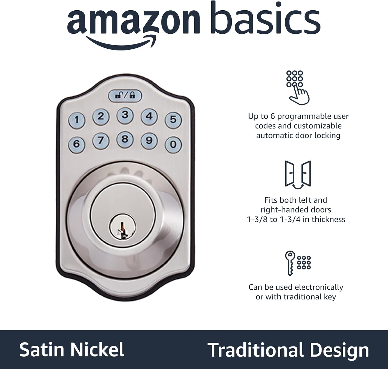 Amazon Basics Electronic Keypad Deadbolt Door Lock with Touch-Control Keyless Entry Door Lock, Keyed Entry Option, Traditional, Satin Nickel, 6-Pack