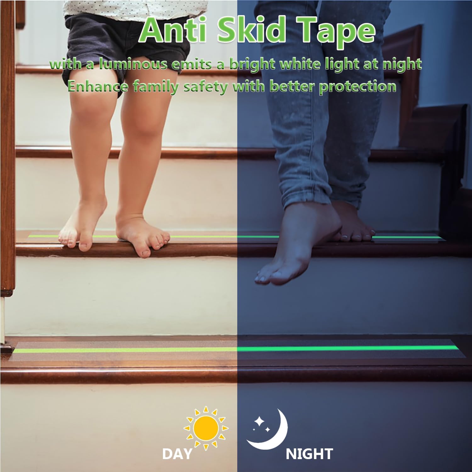 Anti Slip Tape, Clear Glow in The Dark Traction Grip Tape, 2 Inch x 32.8ft Waterproof Indoor/Outdoor, Non Slip Stair Treads Safety Tape (Clear with a line of Glow, 2" Width)