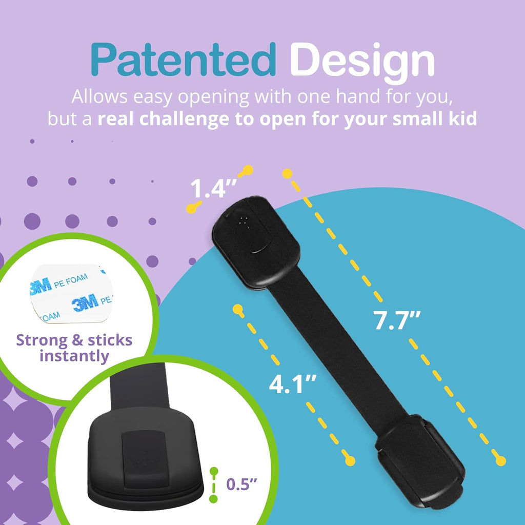 Adjustable & Reusable Child Safety Cabinet Locks & Latches, Baby Proofing Door Window, Cabinet, Toilet, & Refrigerator Lock, Child Safety Strap Locks with Adhesive Pads, Pack of 6, Black - Wonderkid