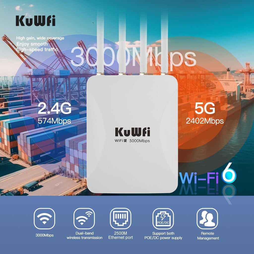 KuWFi AX3000 WiFi 6 Outdoor Access Point Repeater, Long Range Extender 100-300Meter Dual Band Gigabit, IP65 Waterproof, PoE Powered, Supports 256+ Devices for Business, Parties, Starlink