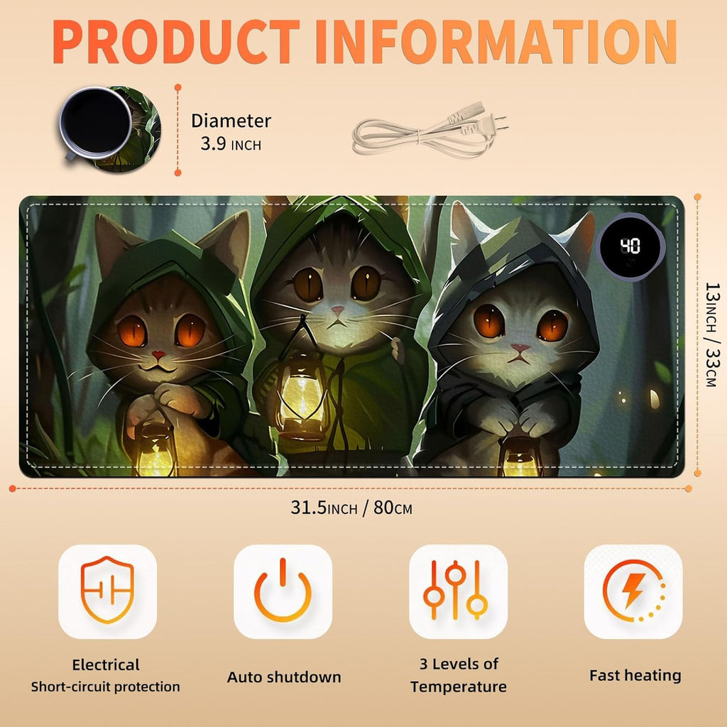 Heated Mouse Pad, Warm Desk Pad, Keyboard Mat 31.5 x 13 Inch Intelligent Fast Heating, 3 Speed Adjustable, Timed Auto Power Off for Game Office Home,3 Cat Apostles Carrying Lanterns