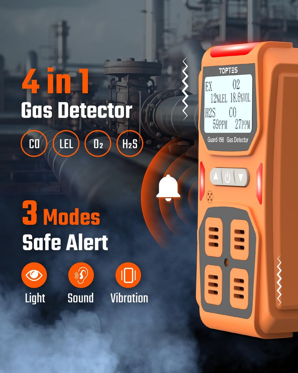 TopTes Guard-156 4 Gas Monitor Multi Gas Detector for H2S, CO, LEL, and O2, Triple Alarm Modes (Visual, Vibration, Sound), 0.5s Fast Response, Dust and Explosion Proof Design for Work and Home Safety