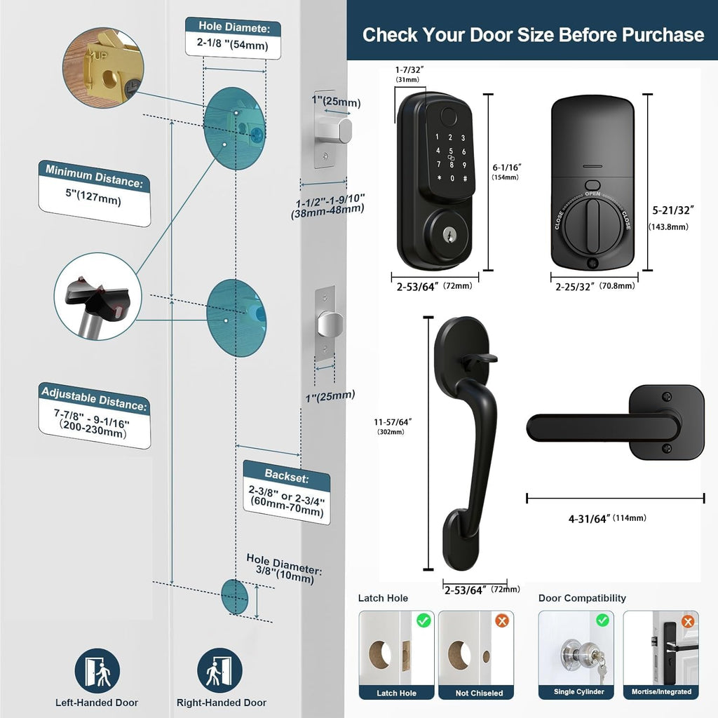 Keyless Entry Door Lock with Handle Set, Smart Door Lock for Front Door with Woodworking Flat Wing Drill, Electronic Keypad Deadbolt Lock, Auto Lock Compatible with Alexa, Black