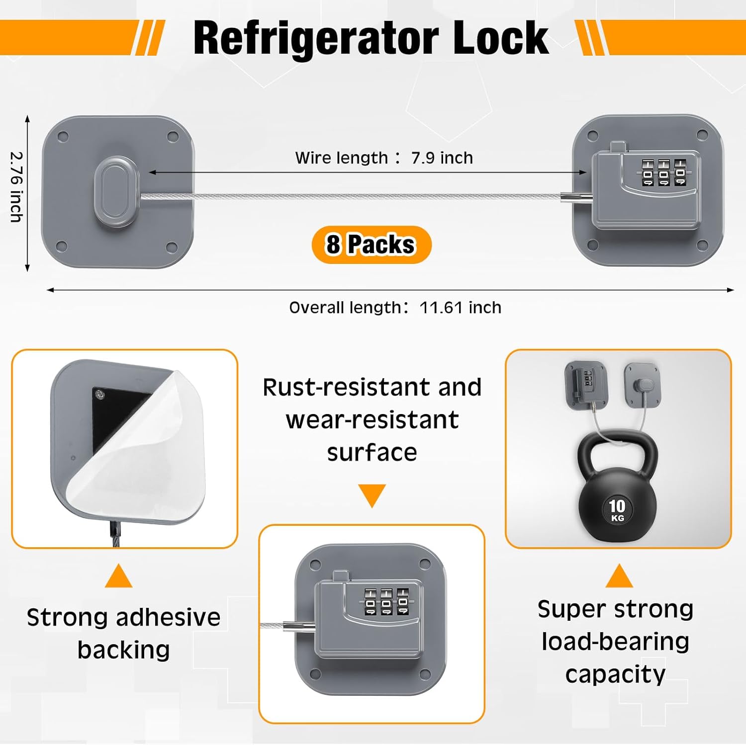 8 Pack Fridge Lock Heavy Duty Locks for Fridge Freezer Lock for Child Safety Cabinet Coded Adhesive Combination Refrigerator for Drawers Cabinet Window Easy Install No Drilling Black (Gray)