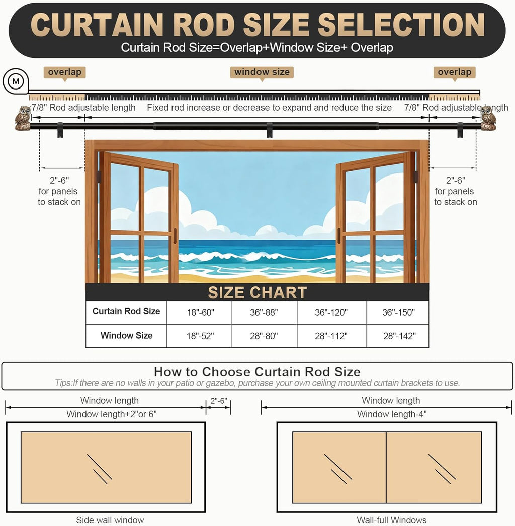 Vintage Decorative Black Curtain Rods for Windows 72 to 144 Inch Adjustable Heavy Duty 1'' Diameter Curtain Rod with Owl Finials for Bedroom Living Room Kitchen Farmhouse (36-150'')