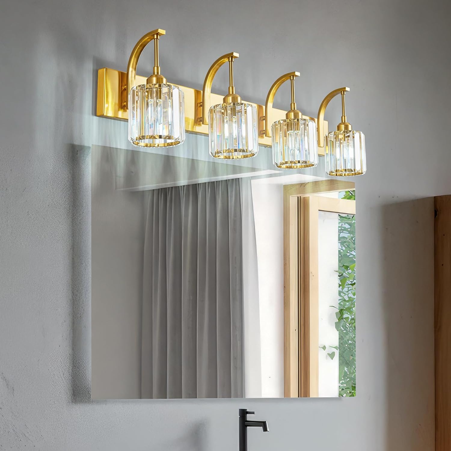 4-Light Crystal Vanity Light, Modern Gold Bathroom Wall Sconce with K9 Crystal Shades, 32.67" Long Over Mirror Lighting for Vanity, Makeup, Hallway, Elegant & Easy Install