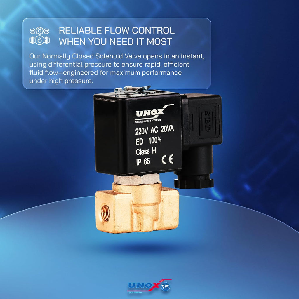 UNOX 1/8" NPT Solenoid Valve 220V AC, Brass Control Valve Normally Closed - 0-232 PSI Multi-Purpose Reliable Control Valve for Water, Air, and Gas - Solenoid Valves