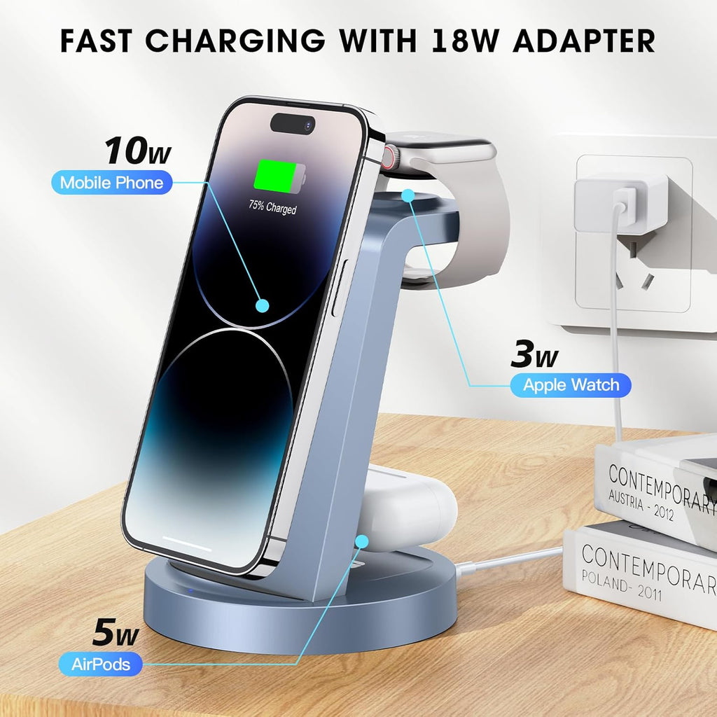 3 in 1 Charging Station for iPhone, Wireless Charger for iPhone 17 16e 16 15 14 13 12 11 X Pro Max & Apple Watch - Charging Stand Dock for AirPods (Blue)