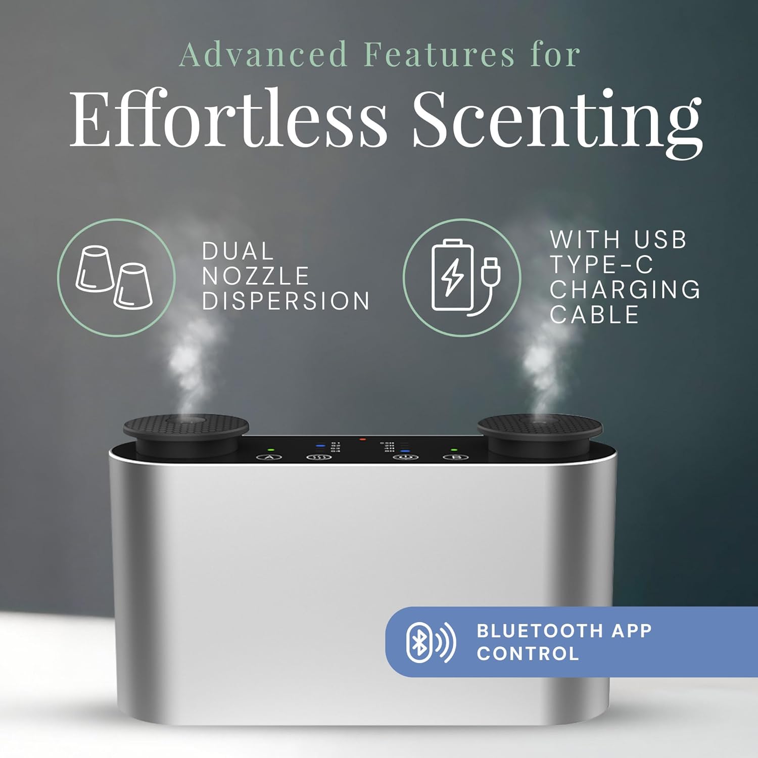 The Mini Duo Smart Scent Air Machine, Waterless Aroma Diffuser with Bluetooth App Control & Dual Nozzle, 2x10mL Refillable Bottles, Rechargeable Battery, Covers Up to 100 sq. ft