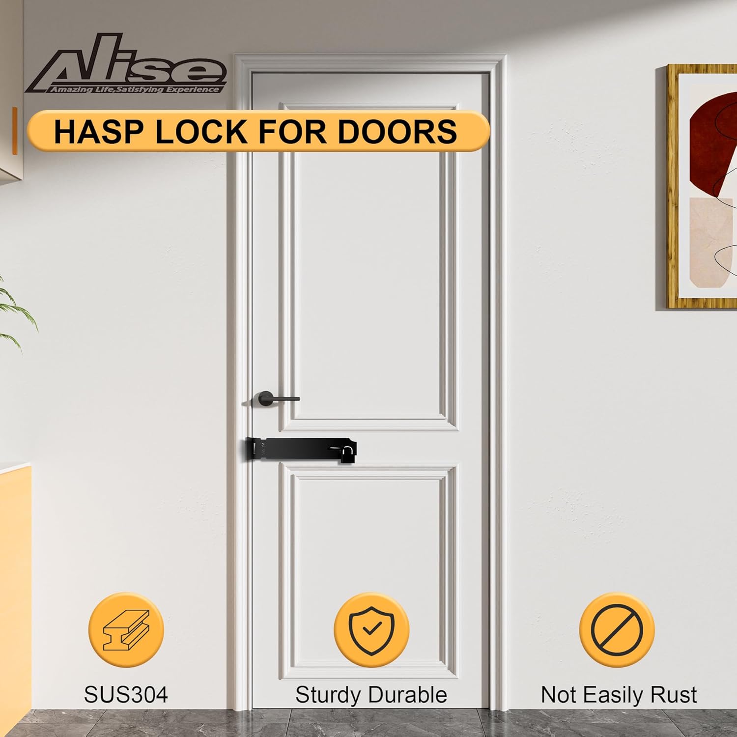 Alise Door Locks Hasp Latch,8 Inch SUS 304 Stainless Steel Safety Packlock Clasp Hasp Lock Latch,with Fixing Screw for External Doors Window Cabinet Pet Cage, Black MS9B-8C