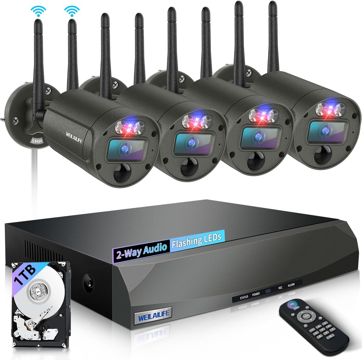 【Flashing LEDs Visual Alert】 Wireless Cameras for Home Security, Wireless Security Camera System, Outdoor WiFi Video Surveillance, NVR Surveillance Camera System