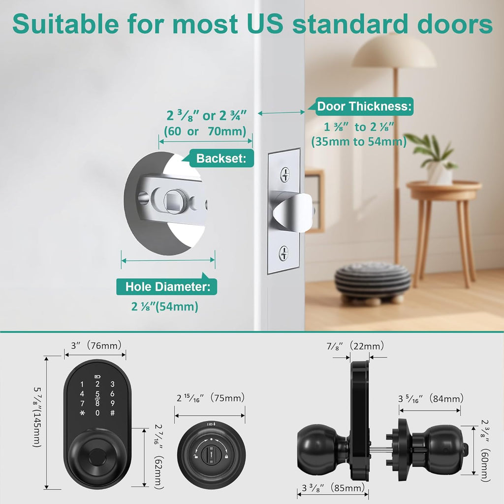 Smart Door Lock Keyless Entry Door Lock with Knob, Keypad Fingerprint Door Lock with Handle, Electronic Digital Code for Front Door, App Remote Control, Easy Installation