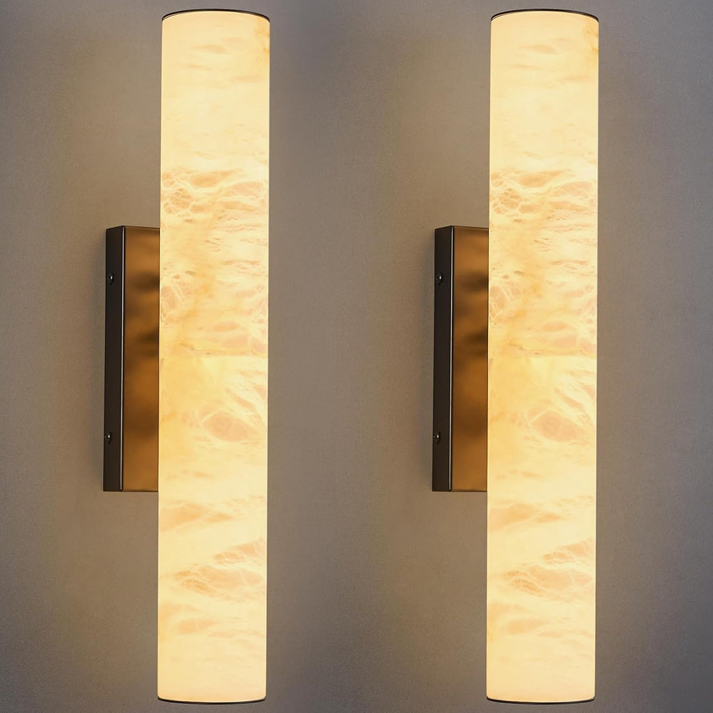 LMQNINE Natural Alabaster Wall Sconces Set of Two Spanish Marble Wall Light Cylinder Modern Black LED Sconce for Living Room Bedroom Bathroo Stairs（S-2Pack）