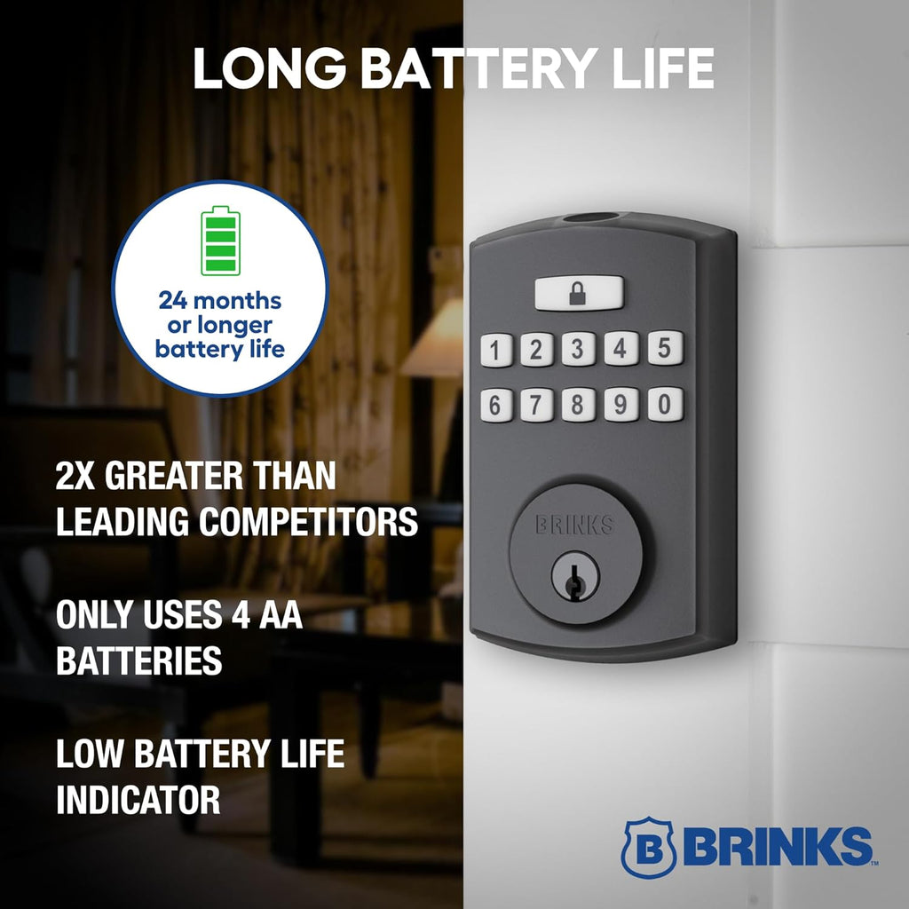BRINKS Security Door Locks, High-Security Keyless Entry, Smart Electronic Door Lock with Deadbolt, Up to 50 Codes, Automatic Locking (Deadbolt & Passage Knob, Matte Black)