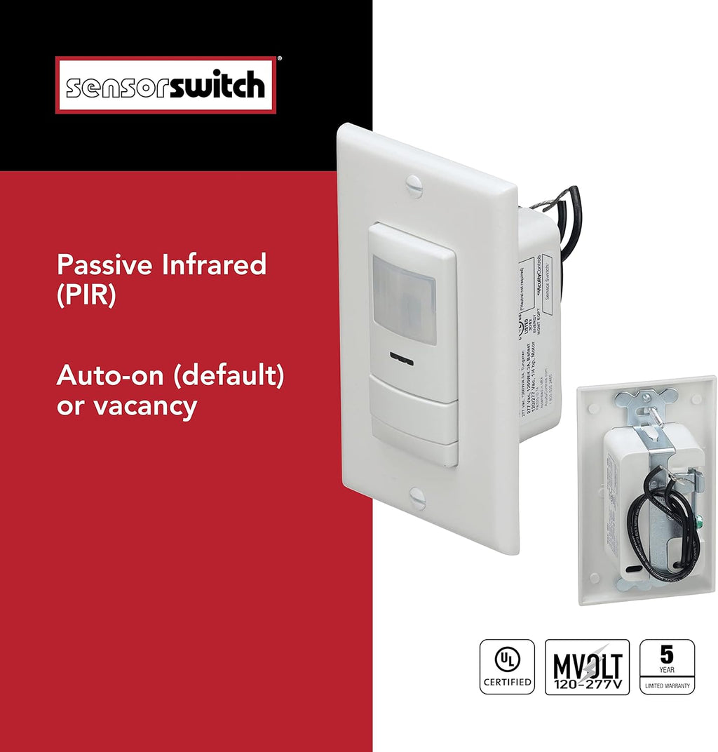 SensorSwitch Wall Mount Motion Sensor Switch, Passive Infrared Wall Switch and Occupancy Sensor and Dusk-to-Dawn Photocell, WSX Series, Single Relay, White