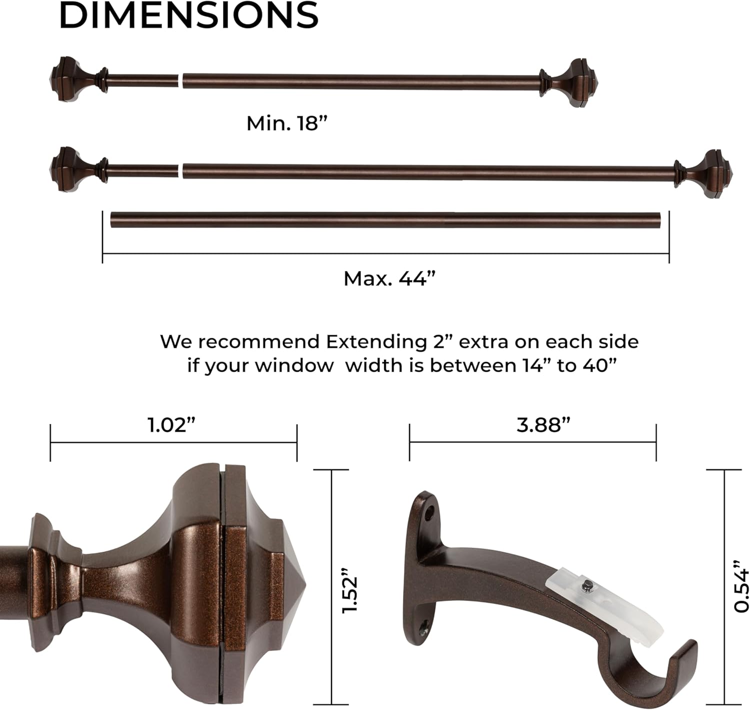 Deco Window Adjustable Curtain Rod for Windows 18 to 44 Inch (Pack of 1) Extendable Heavy Duty 3/4 Inch Iron Drapery Pole with Finials Wall Mounted French Door Curtain Rods (Brown)