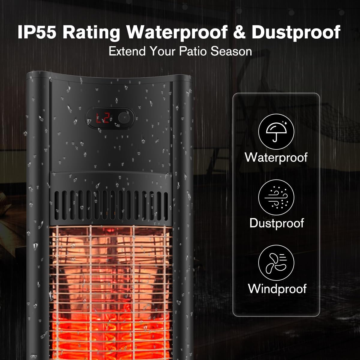 ThermoMate Outdoor Indoor Electric Patio Heater, 1500W 38.5" Portable Tower Infrared Heaer, IP55 Rated Space Radiant Heater with Remote, Timer, Tip-over Protection for Backyard, Restaurant & Garage
