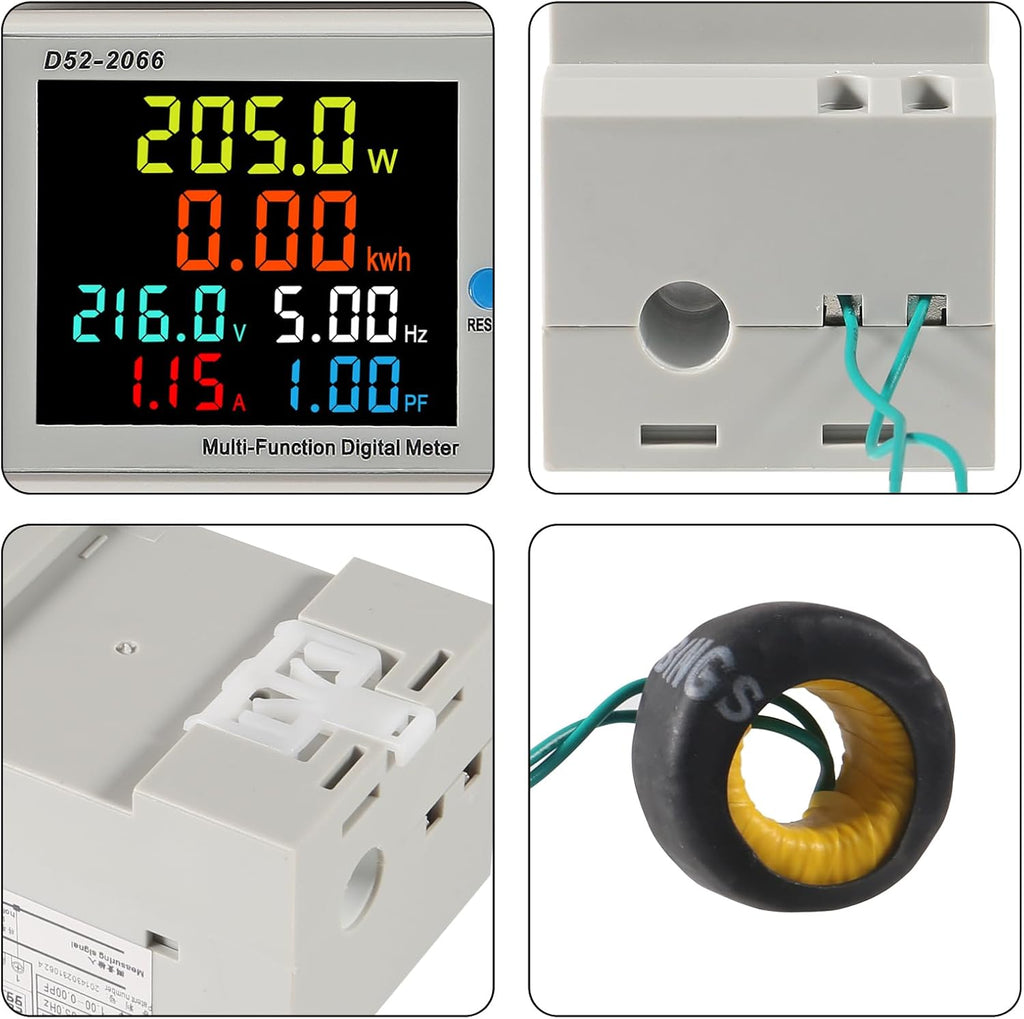 2Pack Single Phase Energy Meter Din Rail Electricity Usage Monitor AC 40-300V 100A Voltmeter Ammeter Watt Kwh Frequency Power Meter External CT 110V