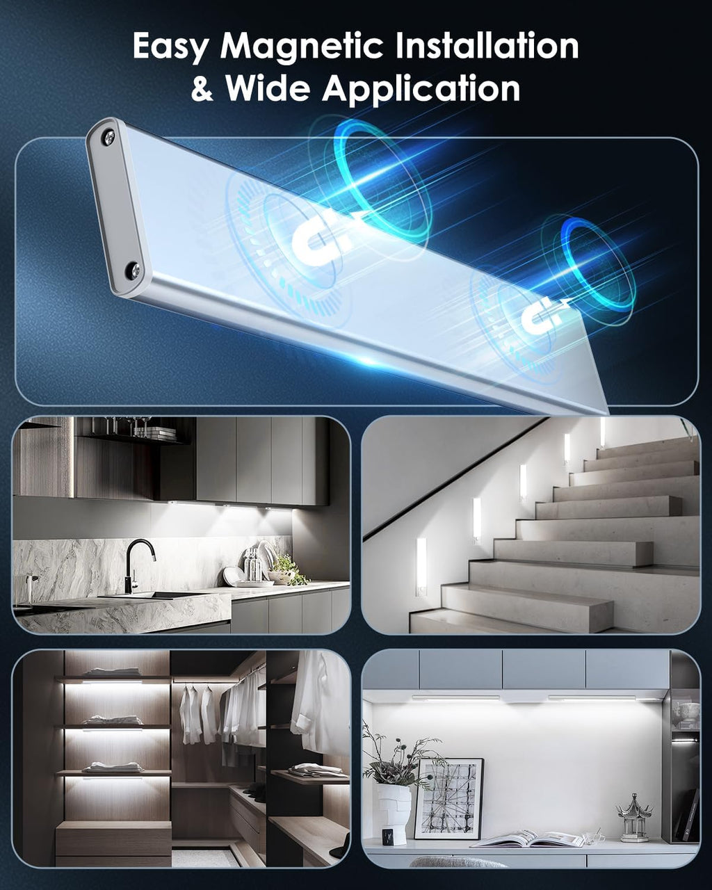 Under Cabinet Lighting, 5 Pack Rechargeable LED Motion Sensor Light Indoor Upgraded 2000mAh, Wireless Battery Operated Under Counter Lights for Kitchen, Magnetic Dimmable Closet Lights Stairs, 8in
