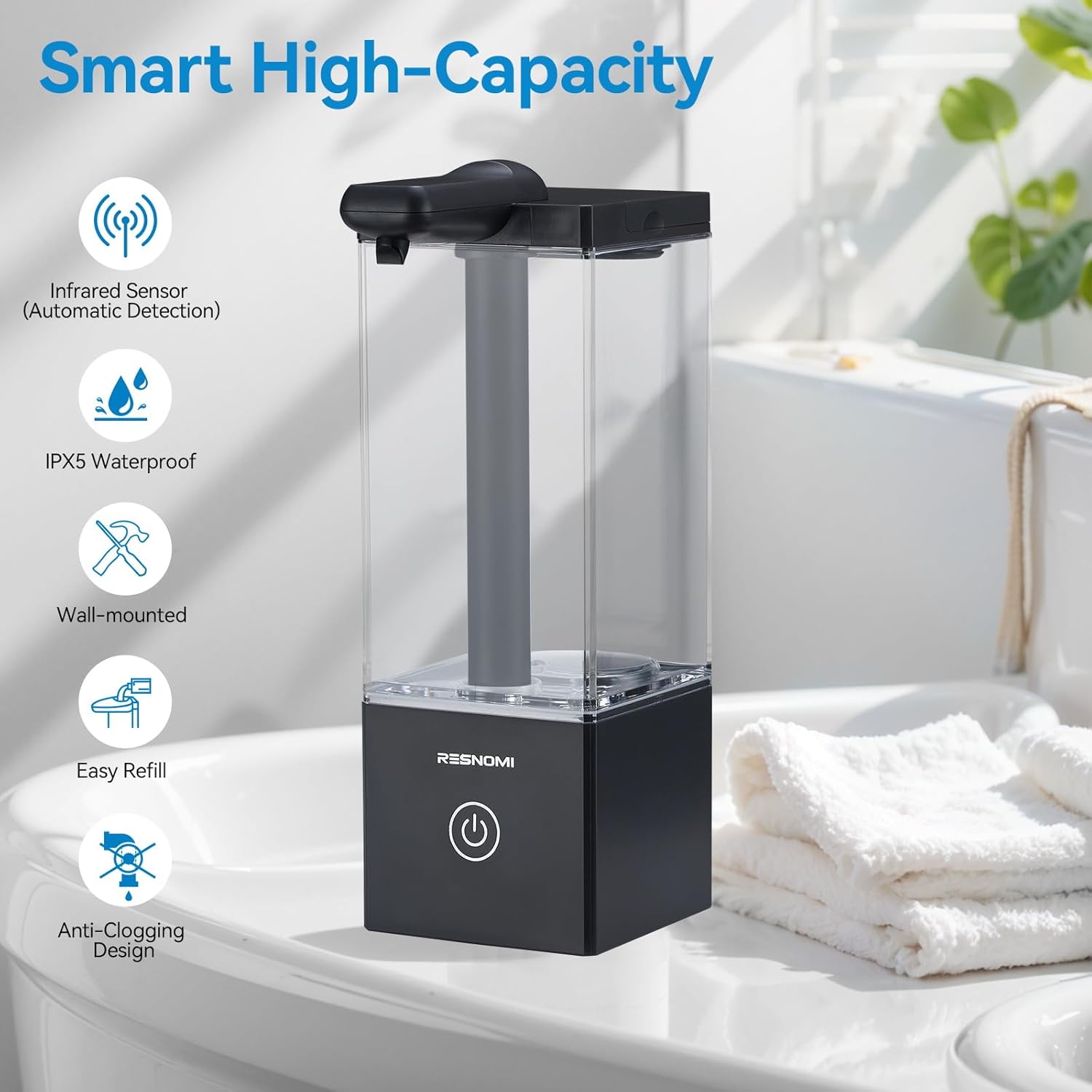 Automatic Soap Dispenser Touchless, Soap Dispenser Bathroom, Large Transparent Reservoir&Wall Mount, Type-C Rechargeable&3-Level Adjustable, Water-Resistant, Kitchen, Hotel, and School, Black