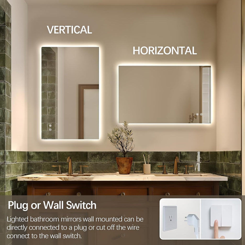Niccy Led Mirror for Bathroom, 32"x20" Frameless Backlit Mirror for Wall Lighted Mirror with Bedroom 3 Color, Defogger, Explosion-Proof, HD Glass and IP65 Vanity Mirror Horizontal or Vertical