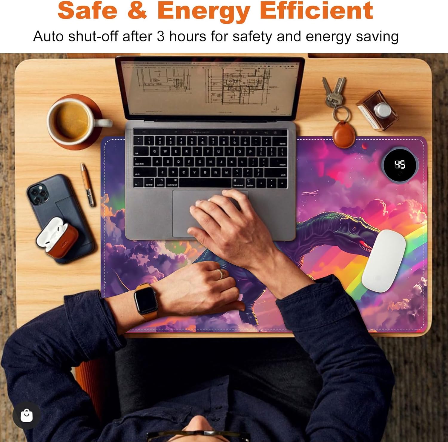 Small Heated Desk Pad 23.6" x 14.2" – Compact Electric Mouse Pad with 3 Heating Levels, Auto Shut-Off, Waterproof PU Surface, Plug-in Warmer for Office or Home Use, Astronaut on Dinosaur