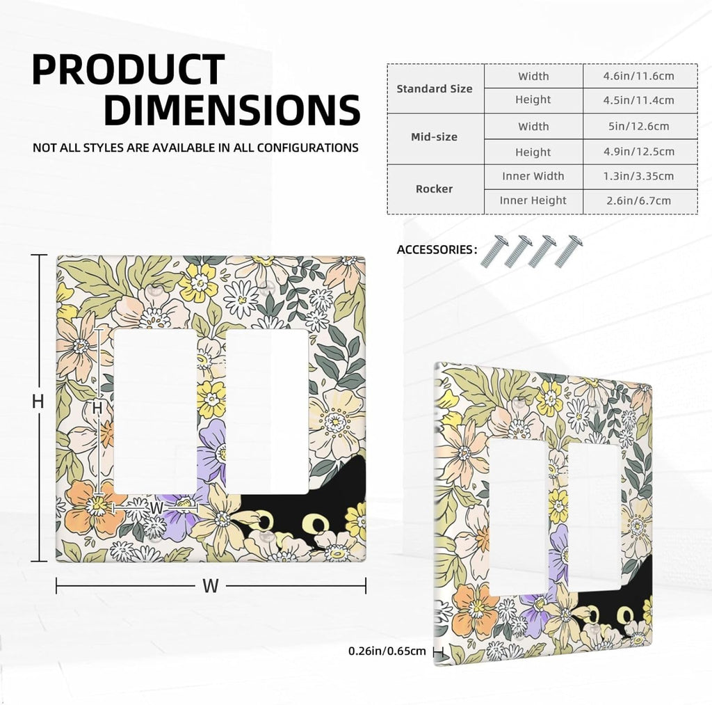 Decorative Outlet Covers Cute Black Cat in a Flower Patch Botanical Garden 2 Gang Wall Plate Double Rocker Light Switch Cover Double Switch Plate Cover for Home Decor （2 Pack）