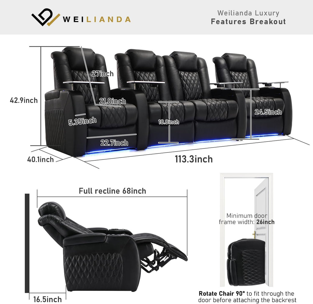 Weilianda Home Theater Seating Top Grain Leather Zero Gravity Recliner Chair Power Headrest Recline Movie Seat Gaming 7 Colors Mood Light Sofa with Tray Table USB Charge Row of 4 Loveseat Middle Black