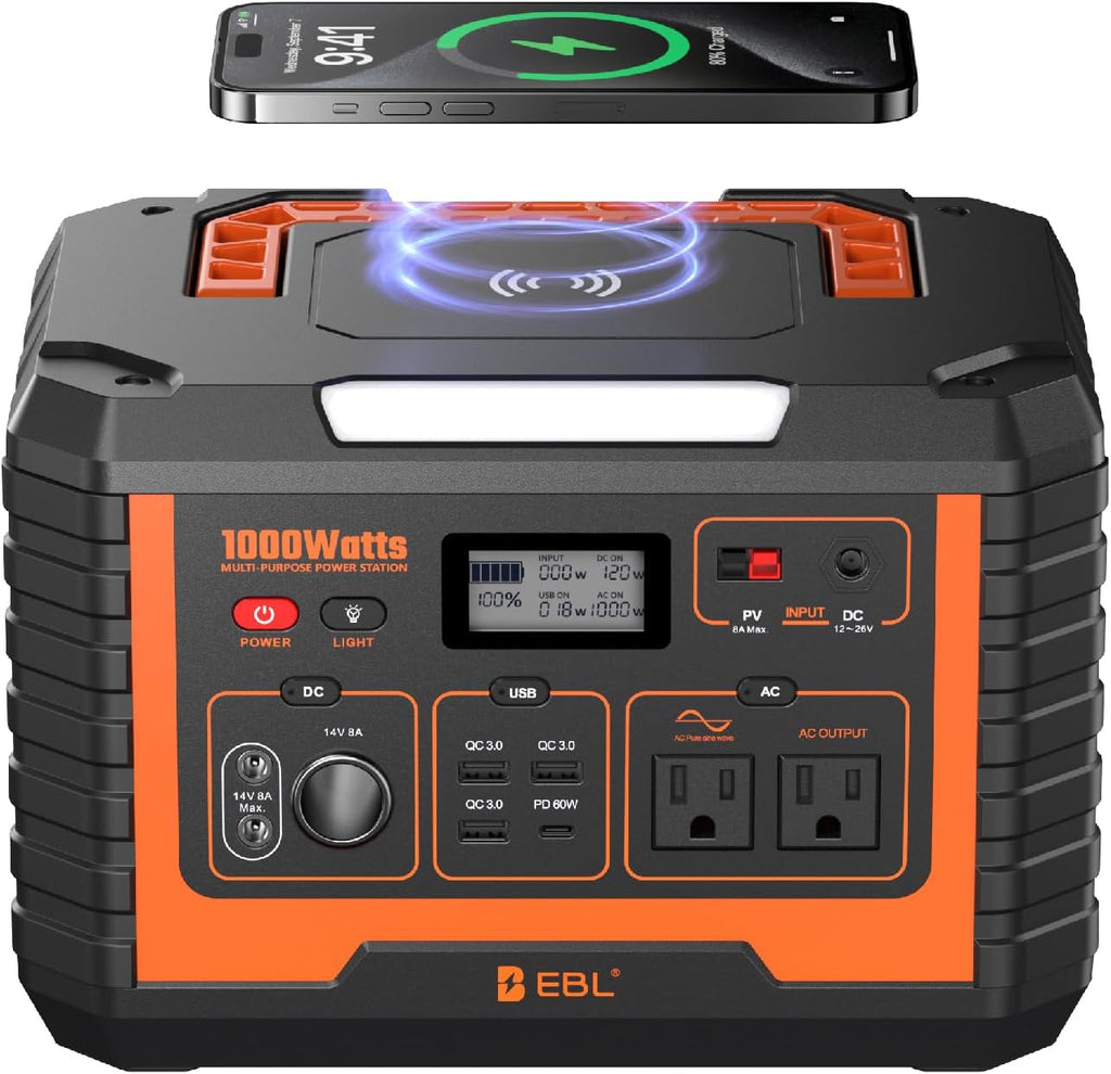 EBL Portable Power Station 1000W, 999Wh Solar Generator 2000W Peak, AC/Wireless Charging/60W USB-C Output, Lithium Battery for Emergency, Home Backup, Camping, RV, Off-Grid Living