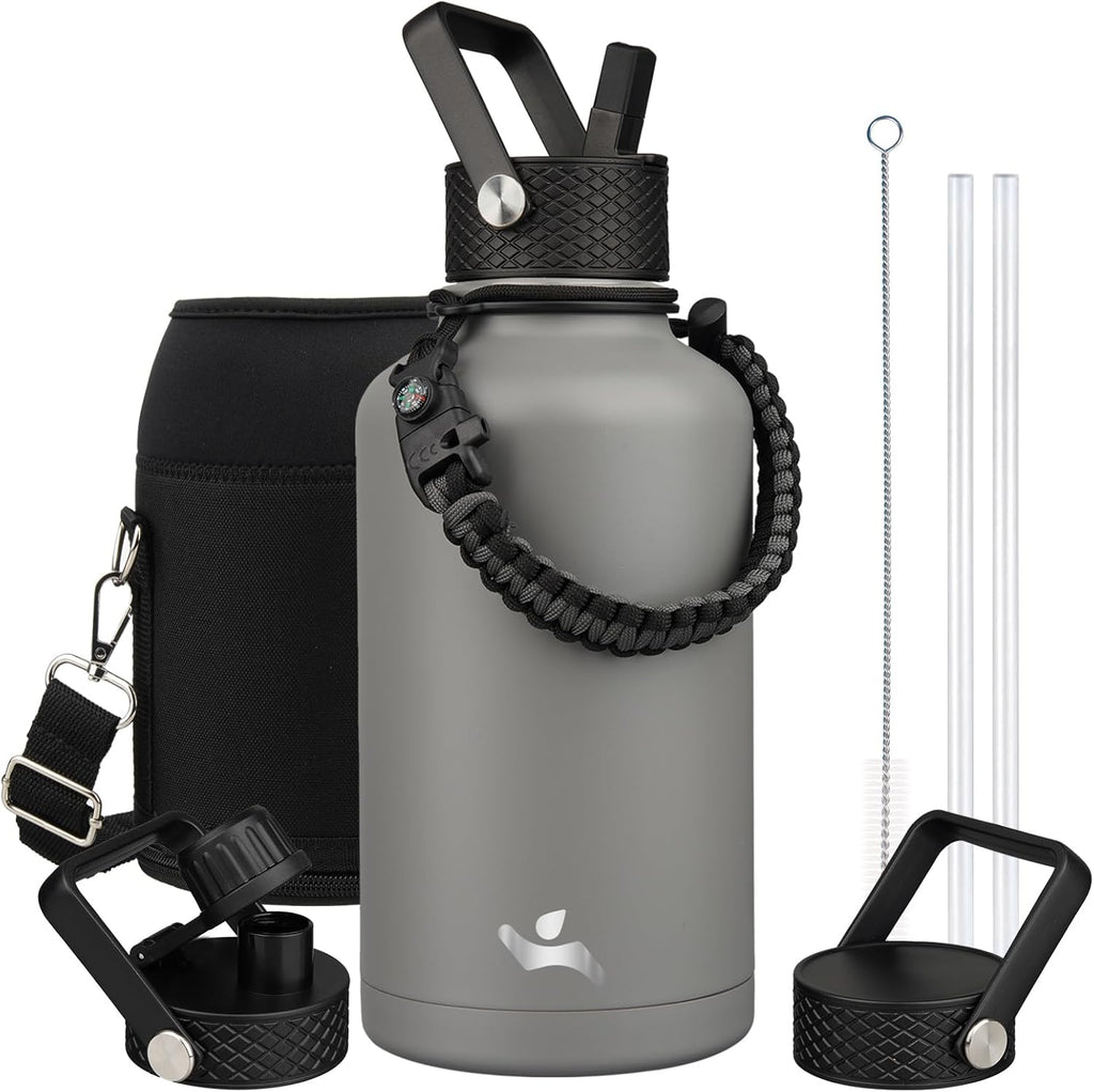 Half Gallon Insulated Water Bottle with Straw,64 oz 3 Lids Water Jug with Carrying Bag,Paracord Handle,Double Wall Vacuum Stainless Steel Metal Flask,Gray